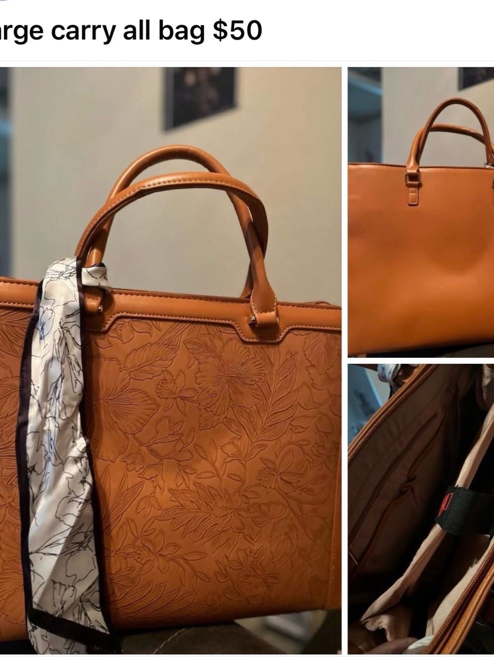 Embossed Tan Leather Tote Bag